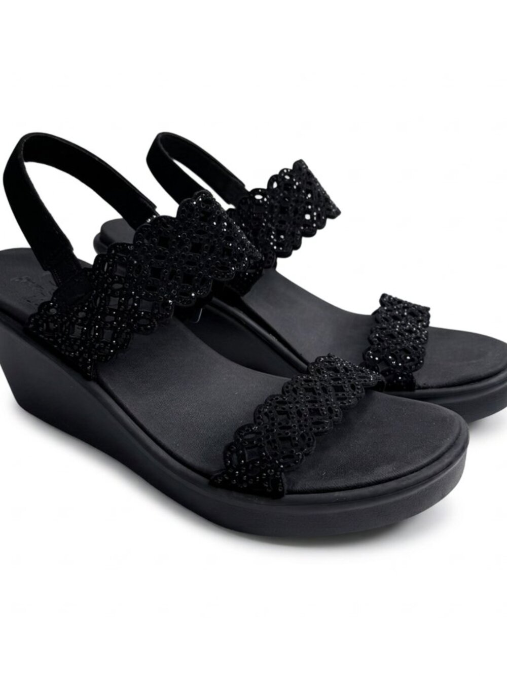 Skechers Rumble On-Sassier DayZ Wedge Sandals Women's 9 Black Sparkle Slip On